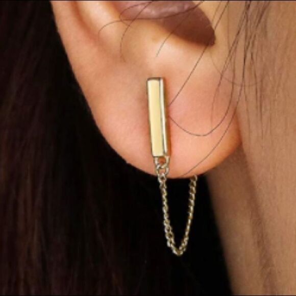 14k Gold/ Sterling Silver Cuban Chain Bar Earrings - Picture 1 of 15